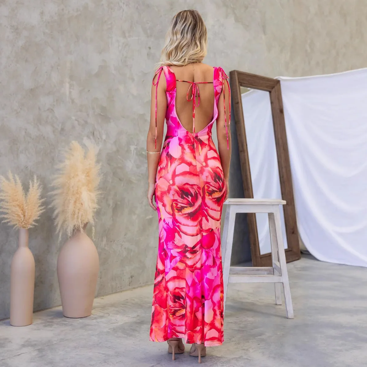 2025 verão novo elegante floral com decote em v sem costas vestido de gravata 68769