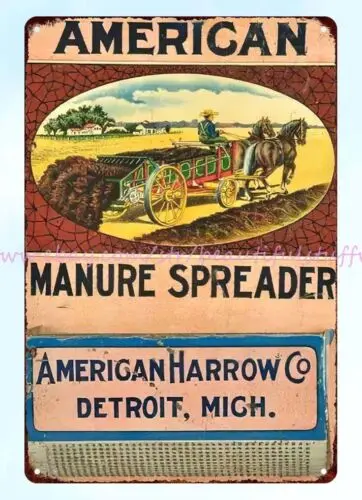 restaurant pub American Harrow Co Detroit Mich Manure Spreader metal tin sign