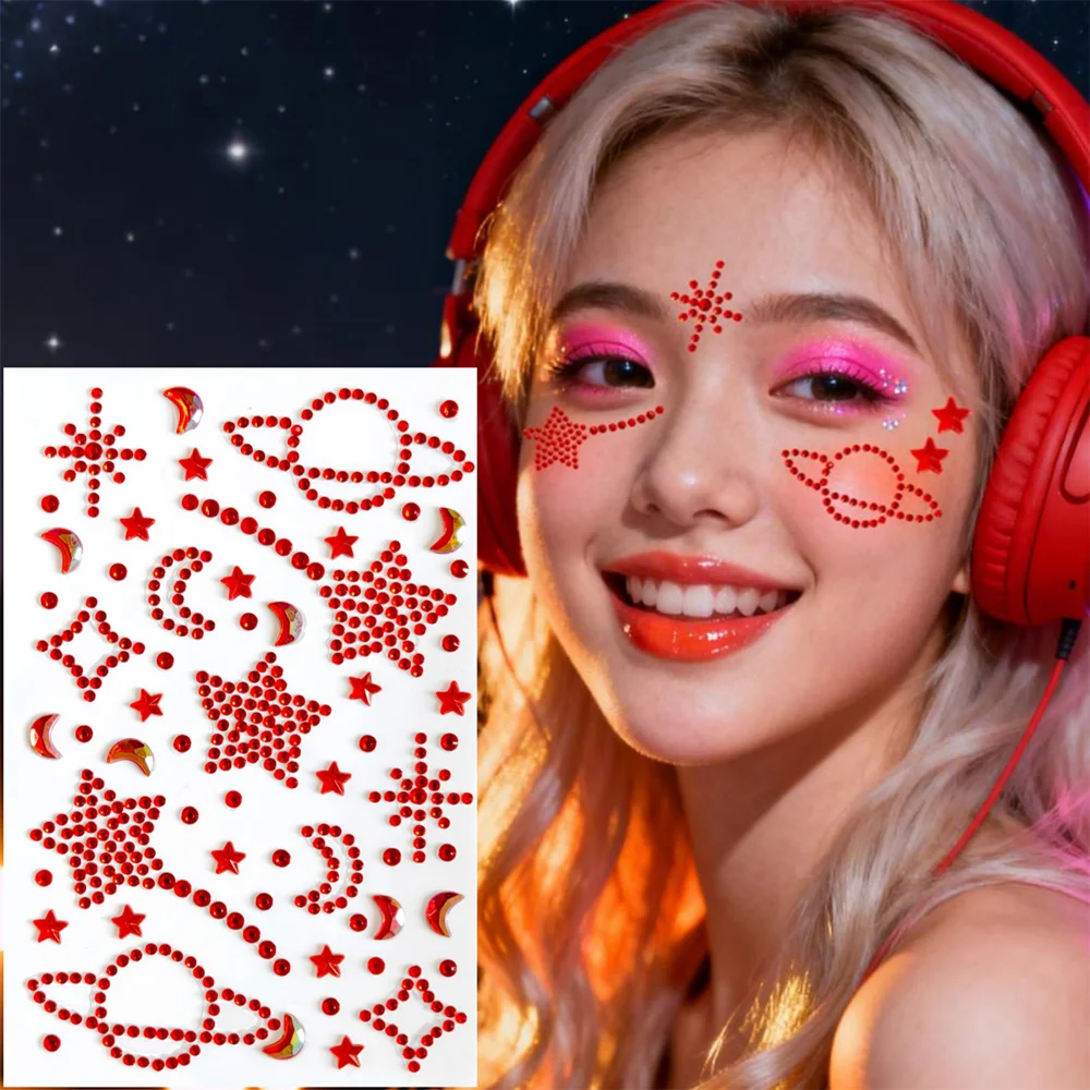 1pcs 3D Galaxy Planet Diamond Face Gems Stickers Hollow Cross Star Rhinestones for Makeup Face Art Decorations Temporary Tattoos