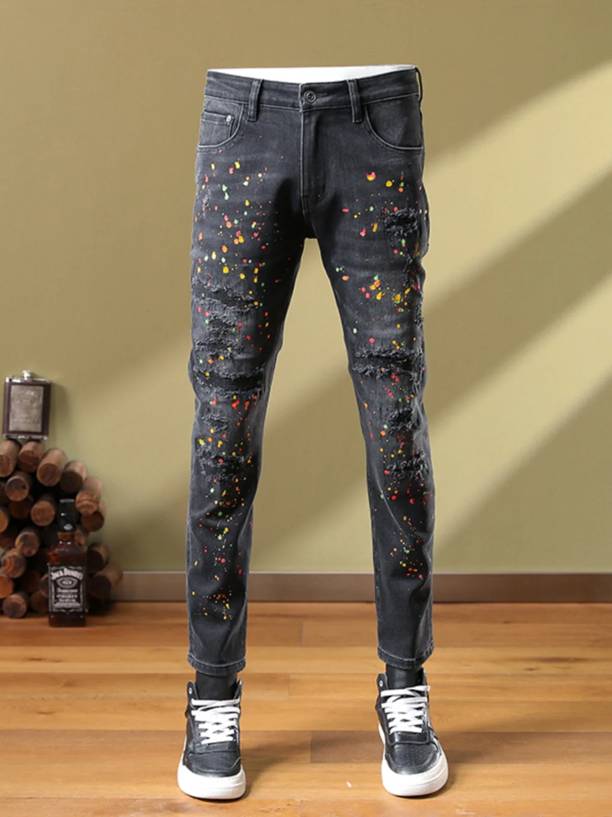 

Trendy Bla Slim Fit Men's Jeans American High Street Splaed Ink Hole Cotton Stretch Denim Youthful Casual Wear Autumn