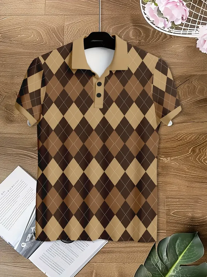 Business Casual Men's Polo Shirt Summer Short Sleeve Tee Plaid Pattern Print Street Fashion Polo T-Shirt Male Oversized Clothing