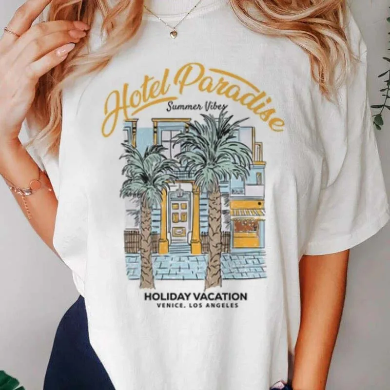 Hotel Paradise Summer Vibe Women's Printed T-Shirt Palm Tree Pattern Trendy Top Holiday Vacation Fashion Tee for Girls Basic