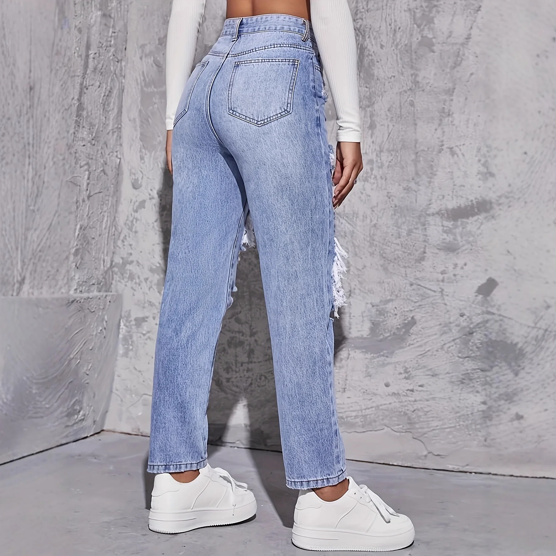 American Retro Hole-punched Jeans Women High Waist Straight-crotch Loose Slim Design High-street Vibe Wide-legged