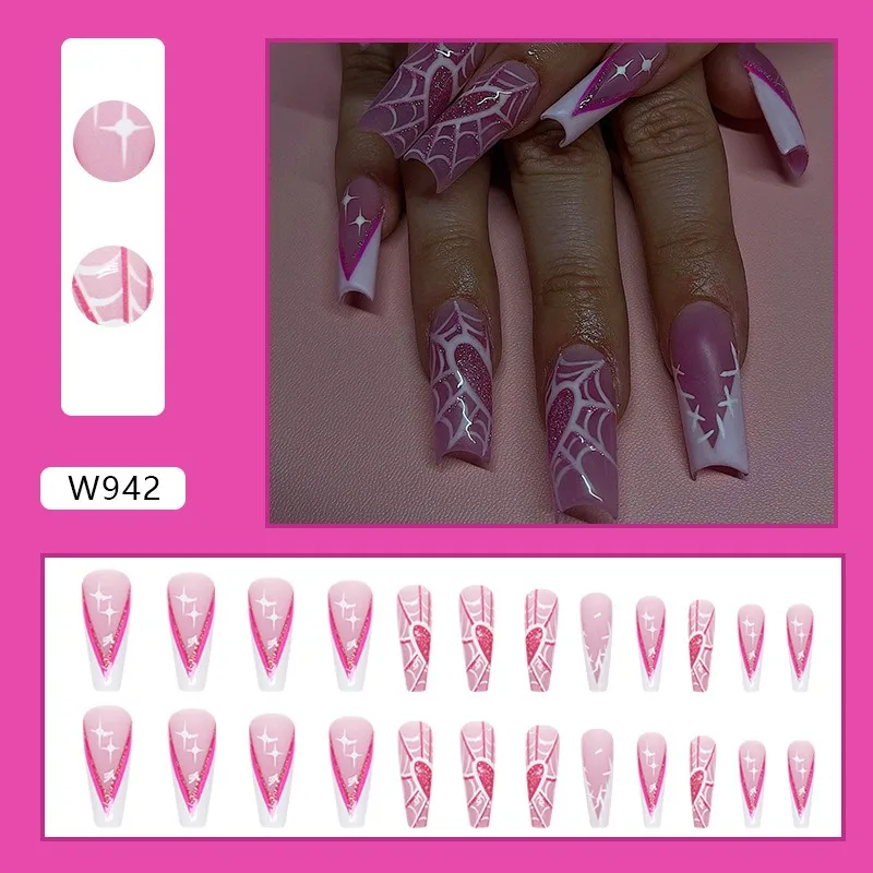 24pcs Long V-french Patchwork Cobweb Fingernail False Nails for Girls Press on Nail for Gluing Halloween with Full Set of Tools