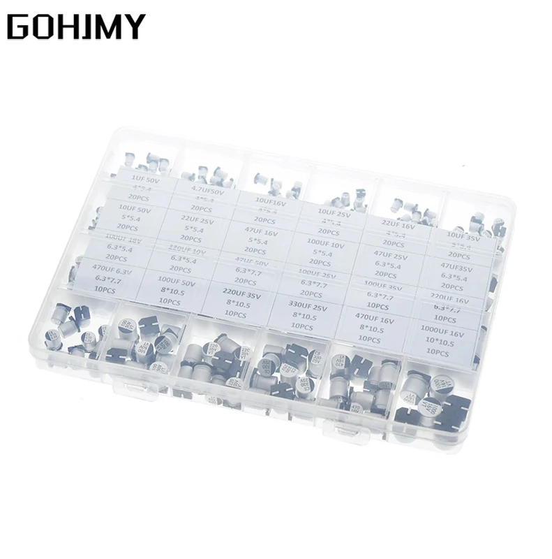 1uF~1000uF 6.3V-50V 400PCS 24Value SMD Aluminum Electrolytic Capacitors Assortment Kit + Box