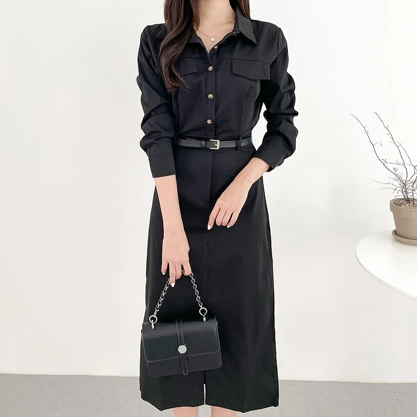 Coigarsam Women Dress 2024 New Vintage Belt Khaki Black Dresses