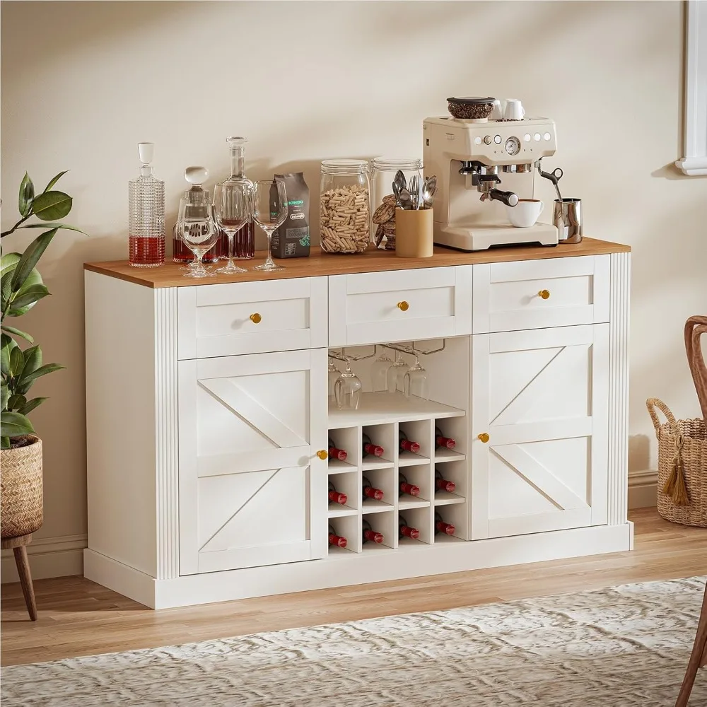 

Farmhouse Wine Bar Cabinet, 54" Coffee Bar Cabinet with Wine Rack and Glass Holder, 3 Drawers, Modern Liquor Cabinet