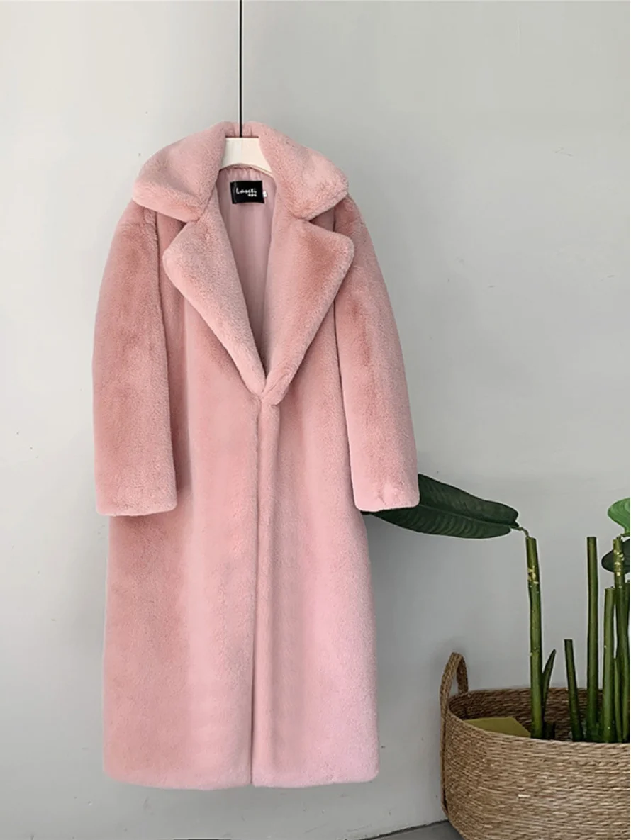 Warm Women Thickened Korean Faux Mink Fur Coat Lapel Sleeve Candy Color Long Sheepskin Jacket 2023 New Winter Clothes