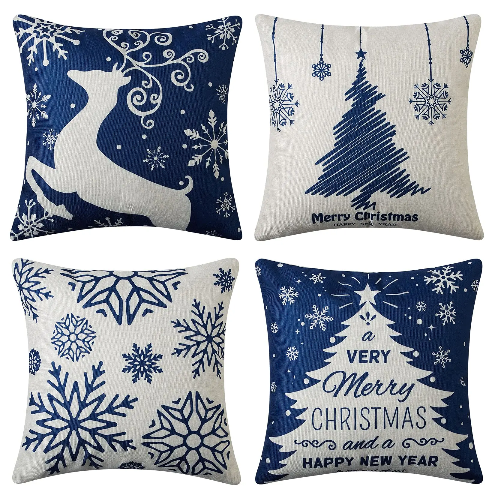 

Christmas Throw Pillow Covers,Set of 4 Blue Snowflakes,Reindeer and Christmas Trees Decorations, Cushion Covers for Couch, Sofa