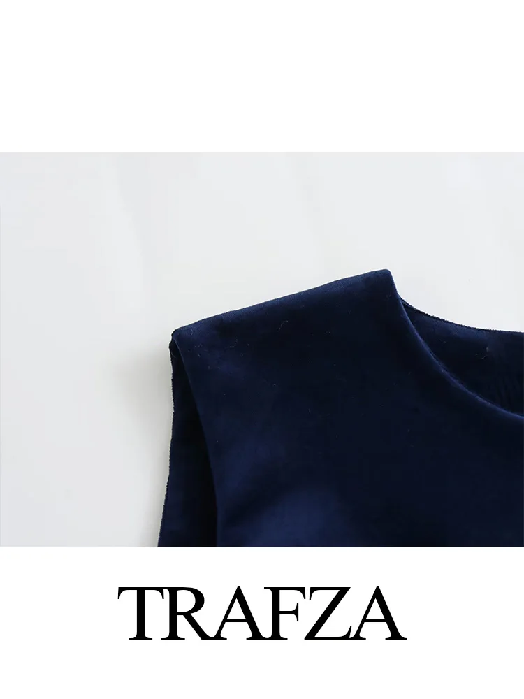 TRAFZA 2024 donne Vintage Navy abito in velluto donna inverno elegante abiti da festa Mini abito donna senza maniche abiti corti