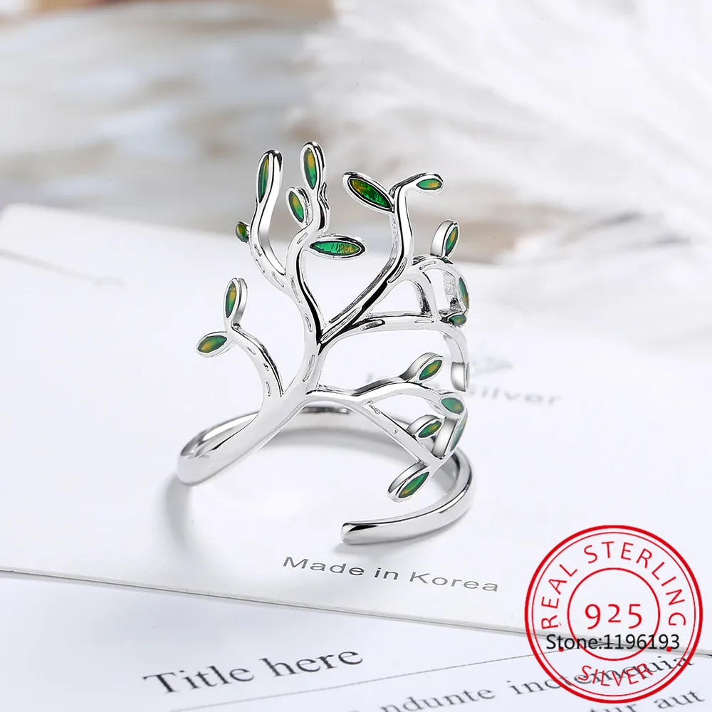 Tree Of Life Created Green Spinel 925 Sterling Silver Open Adjustable Ring for Women Statement Gemstone Jewelry Bague anillos