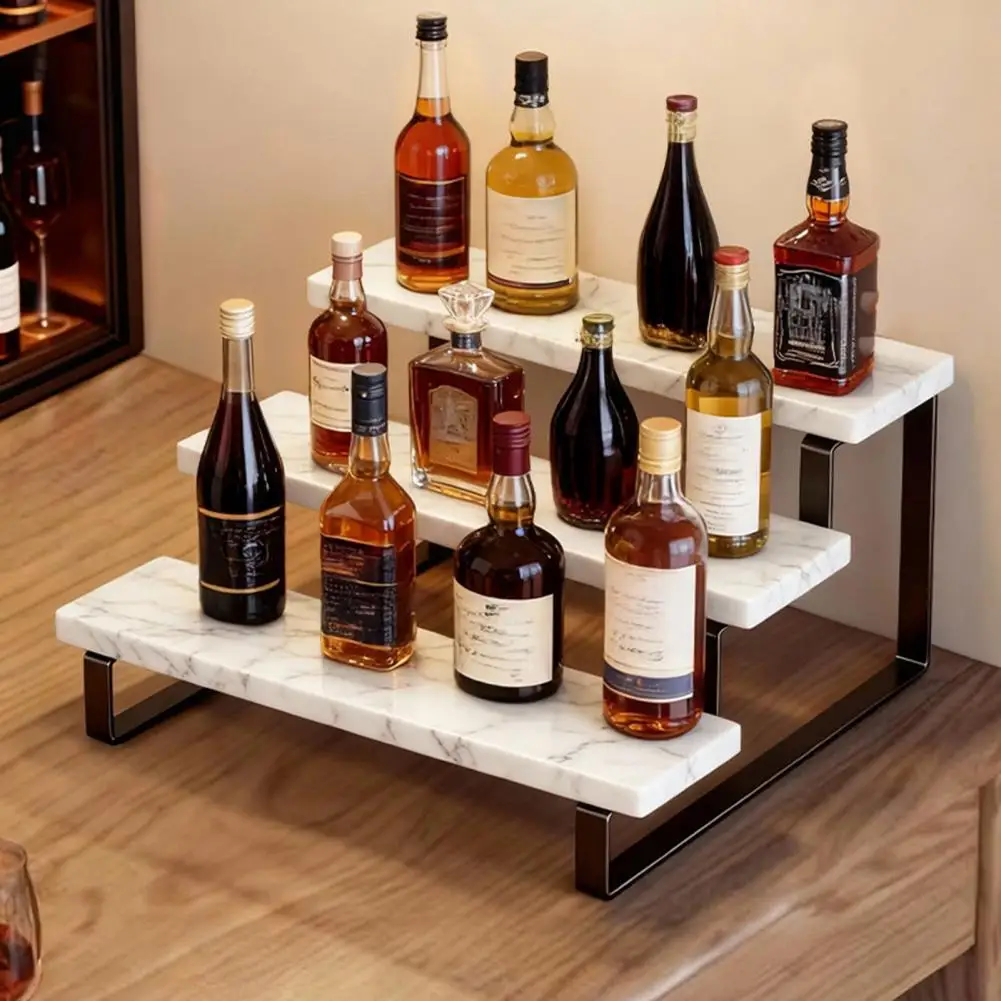 Liquor Bottle Display Shelf Stand, Coffee Syrup Rack Organizer, 3 Step Countertop Liquor Wine Rack for Mini Bar Liquor Cabinet