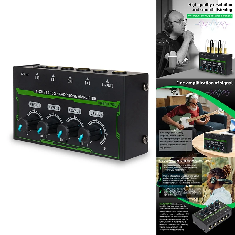 Amplificatore per cuffie amplificatore Audio Stereo a 4 canali Mini Splitter per cuffie per Studio Live e di registrazione