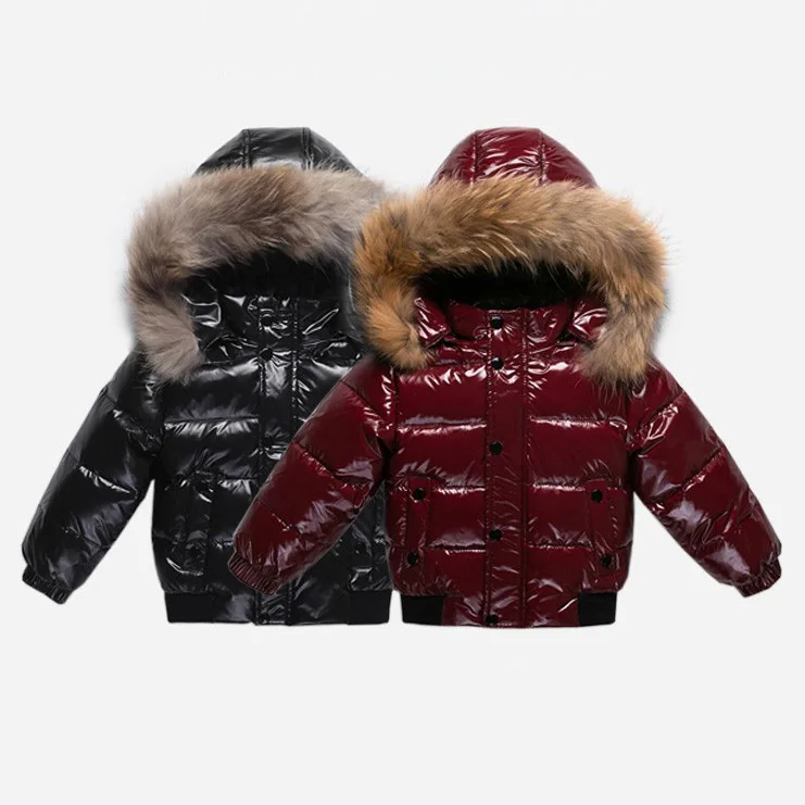 Baby Children\'s Winter Clothes Boys\' and Girls\' Thick Down Jacket - 30 Degree Natural Real Fur Collar Hat Detachable 12M-10T