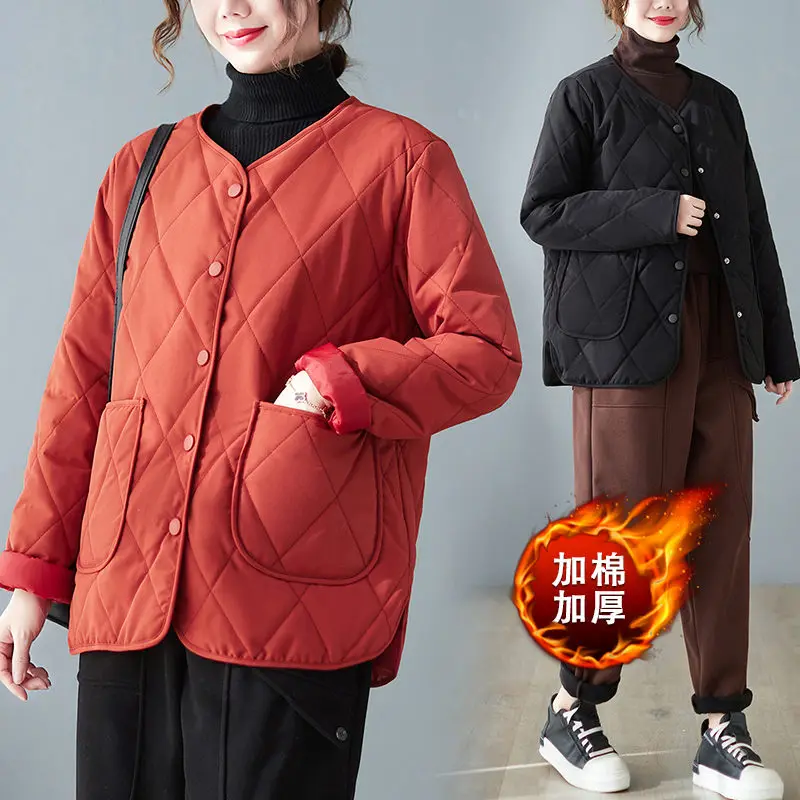 

Lightweight Quilted Coats Women Short Padded Clothes Winter Spring Loose Large Size Casual All-Match Rhombus Jacket Trendy H517