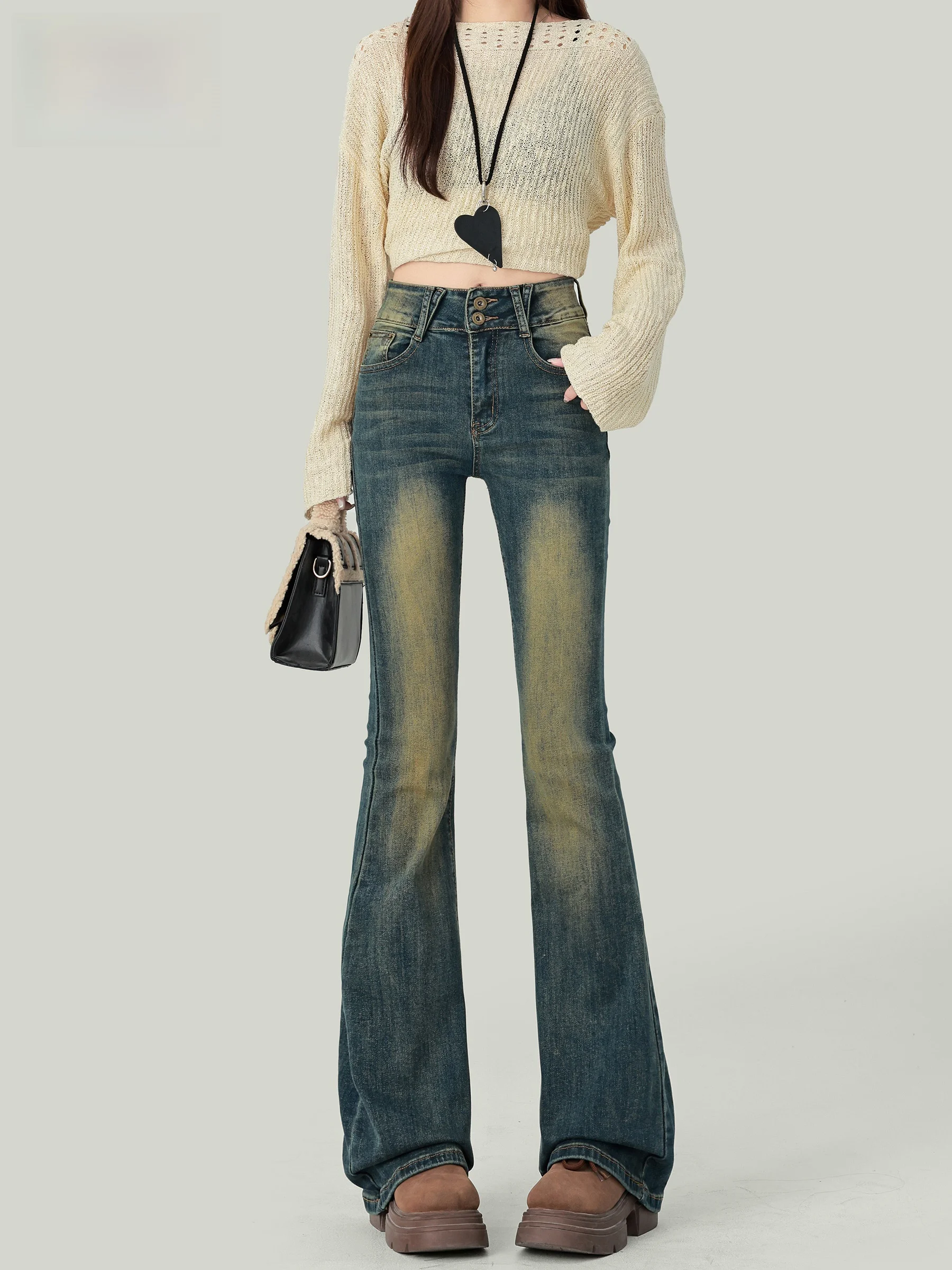 

Джинсы-клеш с высокой талией для женщин, облегающие, из эластичного денима, повседневный стиль, осенняя новинка, маленькие размеры, эластичные джинсы