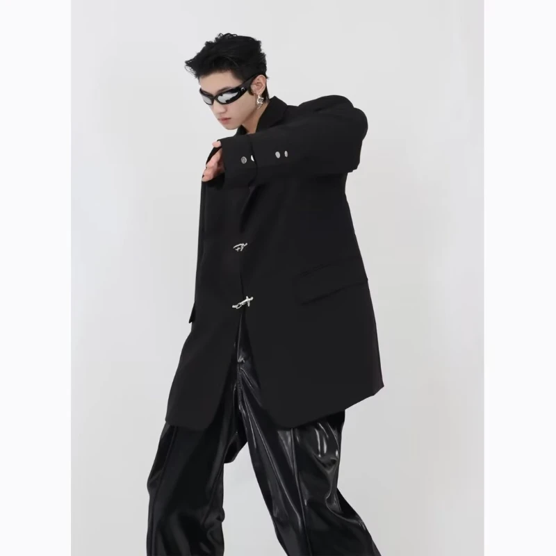 Oversized High Street Mens Suit 2024 Spring New Hip Hop Trendy V-neck Jacket Metal Buckle Wide Shoulders Casual Coats Male