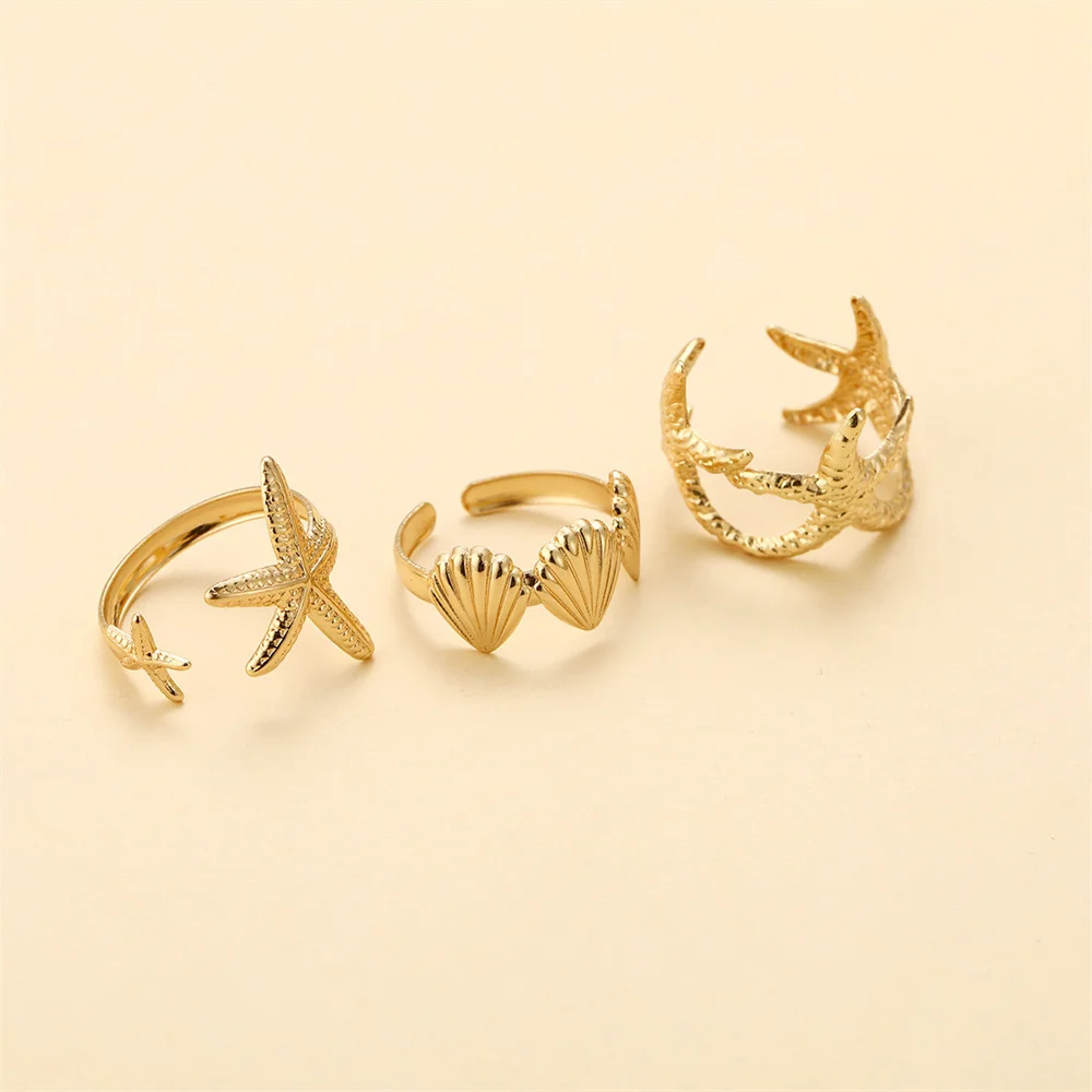 New Beach Starfish Shell Style Women'S Alloy Ring Adjustable Opening Jewelry Three Piece Set Summer Vacation Party Accessories