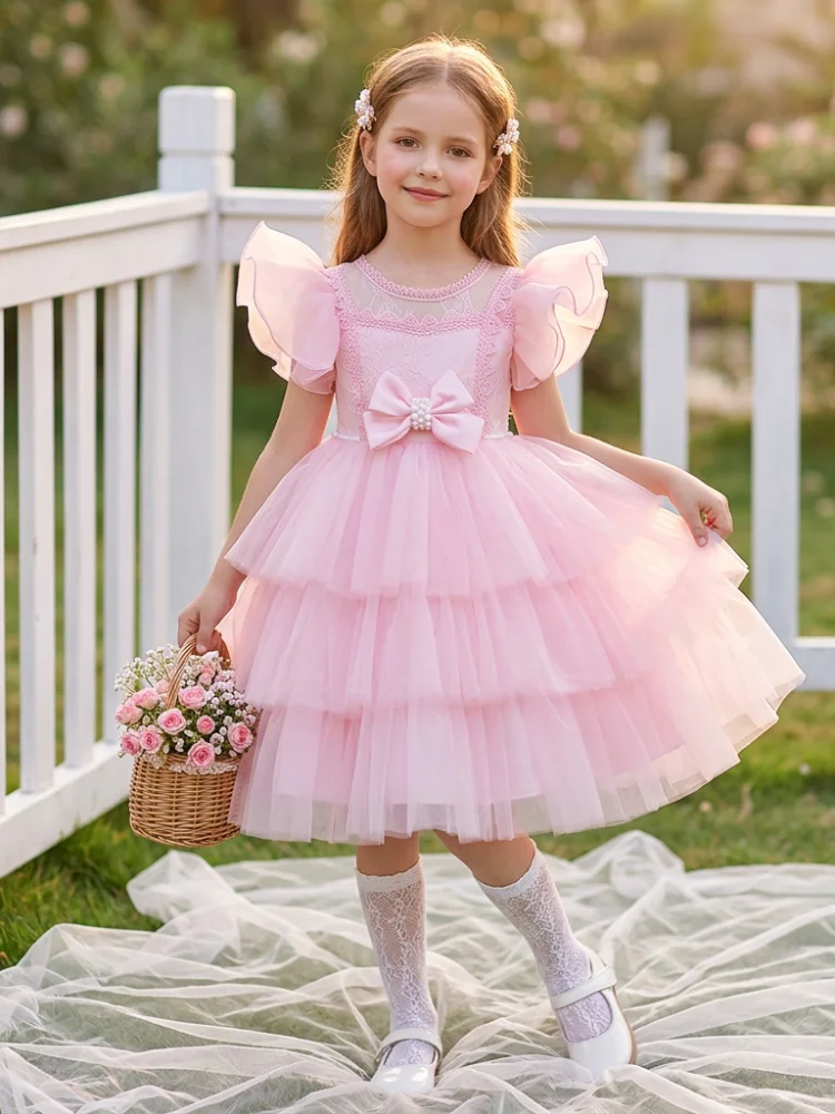 Girls Princess Dress Layered Tulle Lace Puff Sleeve Bow 3-8T Kids Birthday Wedding Flower Girl Party Pageant Gown