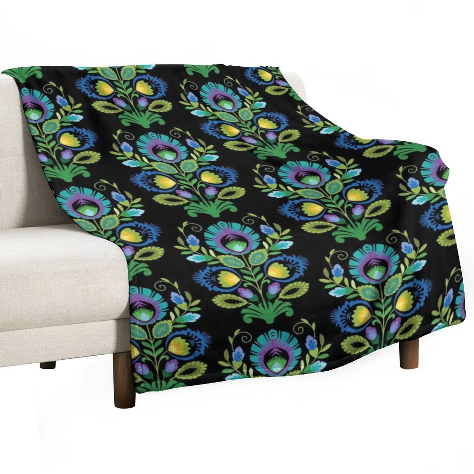 

Polish Folk Flowers Teal on Black Throw Blanket Plaid on the sofa funny gift Blankets For Bed Hair Blankets