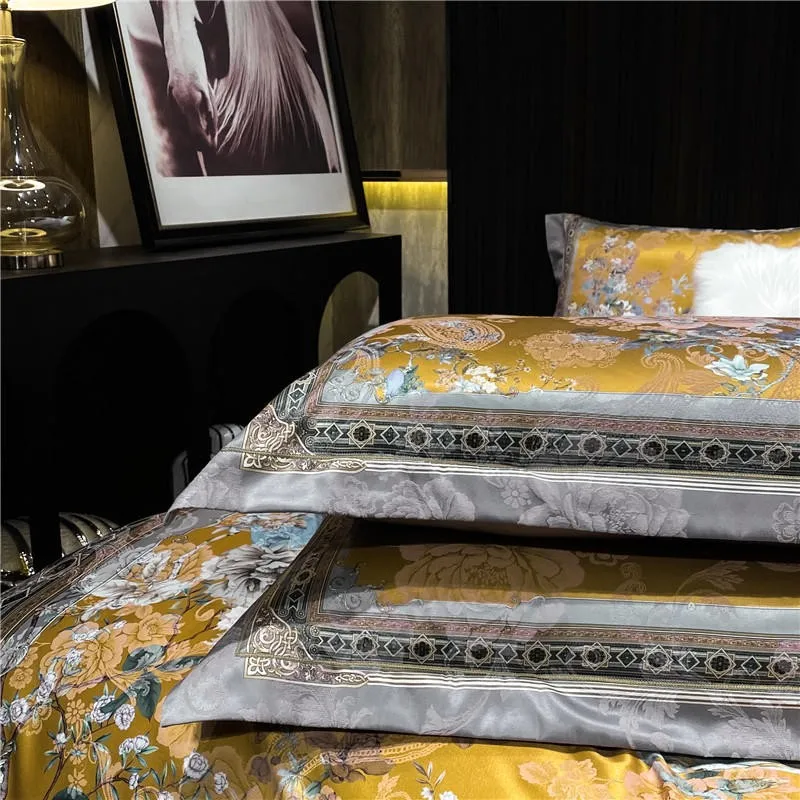 Luxury Vintage Vibrant Birds Blossom Gold Duvet Cover Queen/King Size 4Pcs Silky Soft Zipper Bedding set Bed Sheet 2Pillow shams