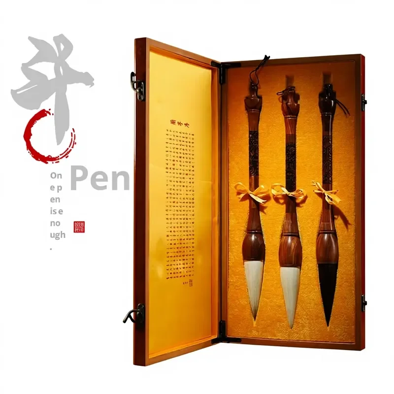 Wholesale gift brush set, red sandalwood engraved dragon and wolf hair brush, large medium small.