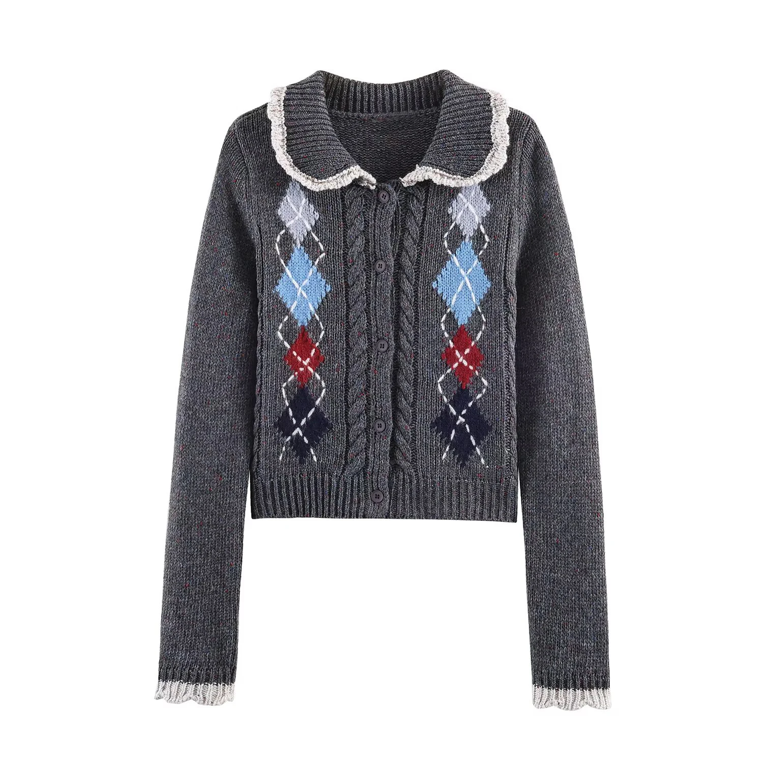 Spring new French urban college style contrasting color diamond grid jacquard lapel knitted cardigan for women