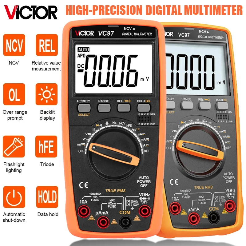 

Victor Digital Multmeter Auto Range 6000 Counts Capacitance Resistance Frequency True RMS NCV Flashlight Temperature Tester VC97