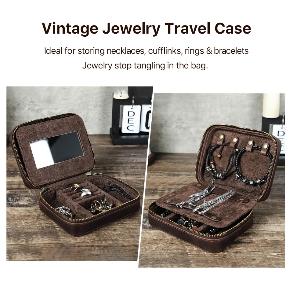 Luxus Doppelschicht Echtleder Schmuck Ohrring Armband Reißverschluss Box Reise Tragbarer Aufbewahrungskoffer mit Spiegel Geschenkverpackung – Detail 3
