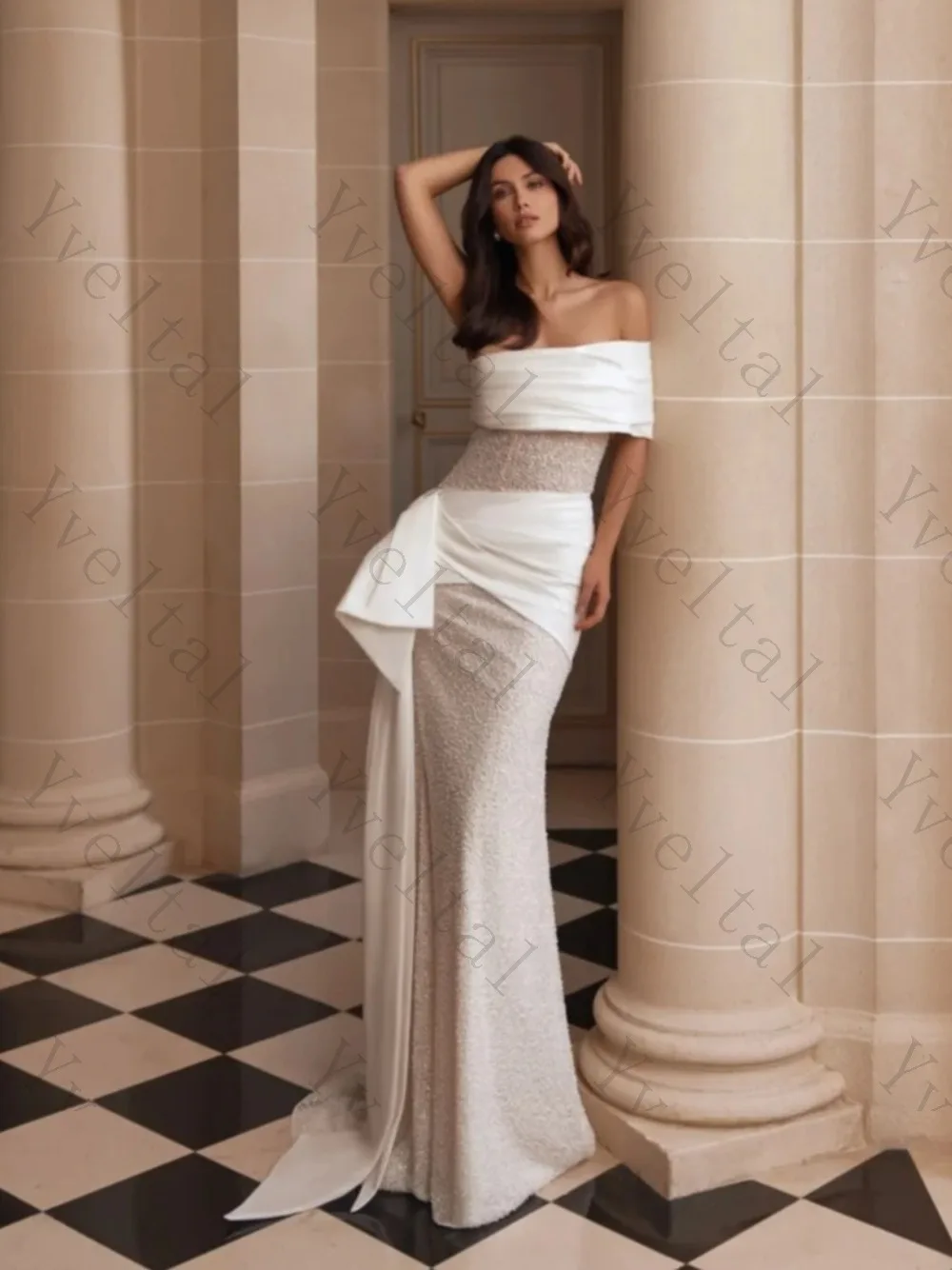 Customized Elegant Dignified Temperament Luxurious Pearls Lace Wedding Dresses One Shoulder Enchanting Floor-length Bridal Gown