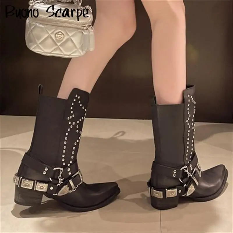 Pointed Toe Rivet Western Cowboy Boots Women Punk Style Large Size Belt Buckle Motocycle Boots Spice Girl Metal Ankle Botas New