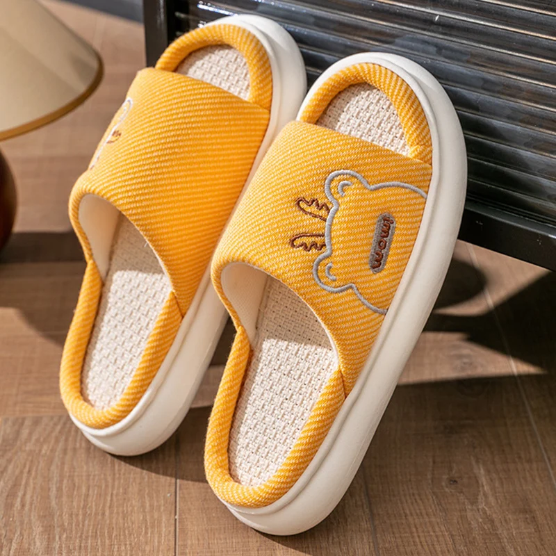 Home Linen Slippers For Women In Spring&Autumn Comfortable Bedroom Open-toed&Breathable Slippers Couple Soft Sole Shoes Summer