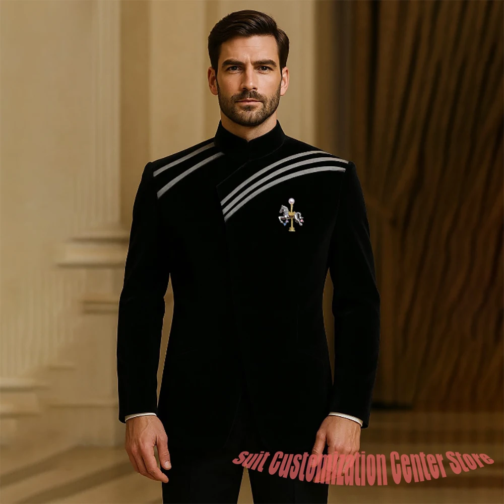 Modern Men's Black Velvet Suits Mandarin Collar Striped Shoulder Detail 2 Piece Set Luxury Formal Wedding Jacket+Pants