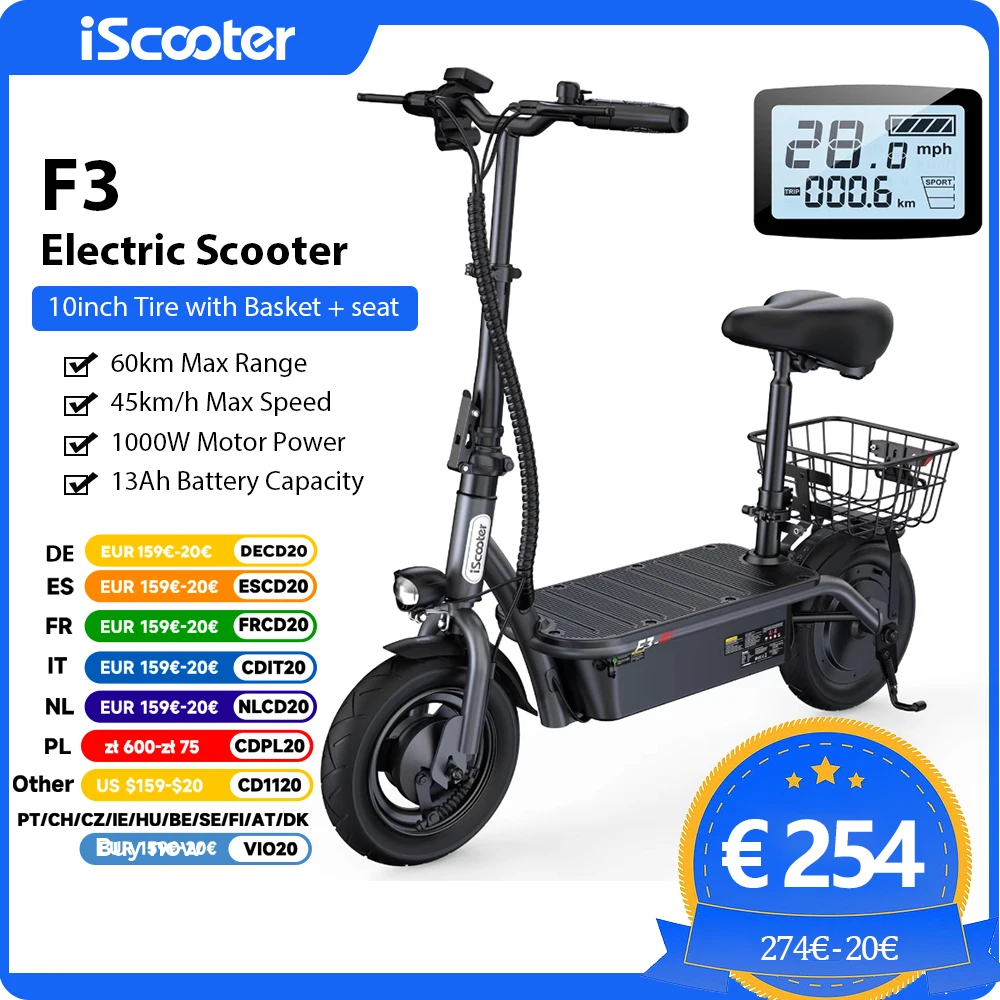 سكوتر كهربائي عالي الطاقة iScooter F3 48 فولت 1000 وات، سرعة 45 كم/ساعة، إطارات 10 بوصة، مقعد وسلة للبالغين