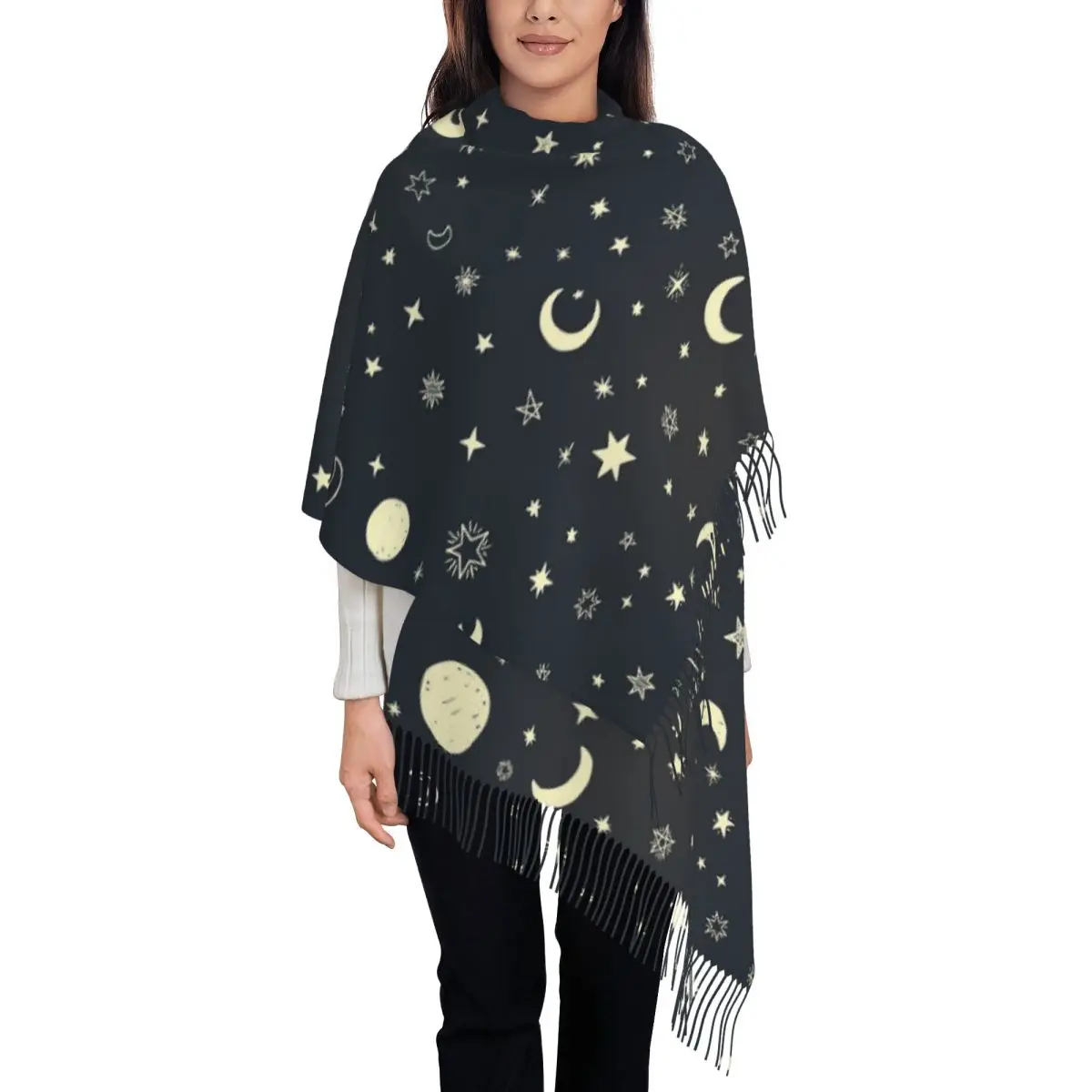 Starry Sky Space Galaxy Sun Moon Scarf Tassel Scarves for Women Soft Warm Shawls and Wraps Long Fall Winter Shawl Wrap