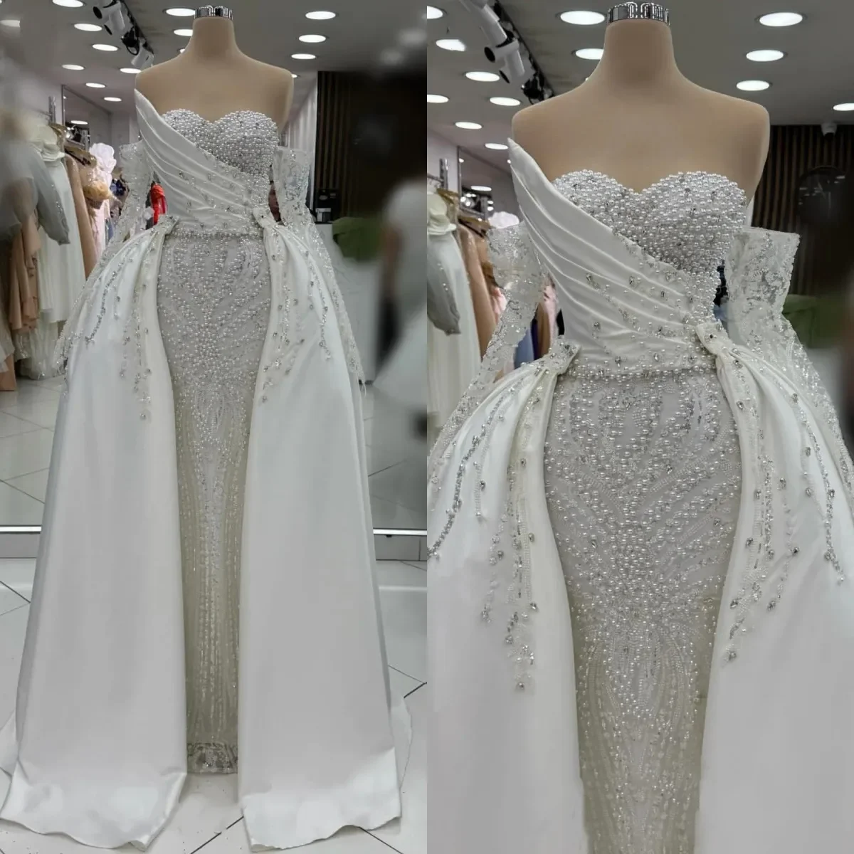 Customized  Sweetheart  Sparkly Heavy Pearls Crystals Wedding Dress Robe De Mariée  Mermaid Bridal Gowns with Removable Skirt