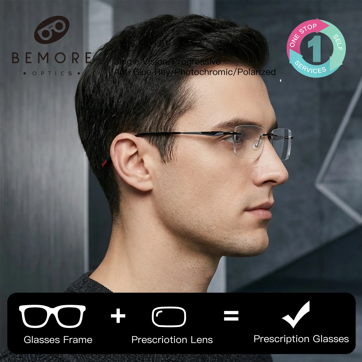 

BEMORE Rimless Eyeglasses for Man Prescription Alloy Photochromic Anti Blue Light Myopic Optical Glasses