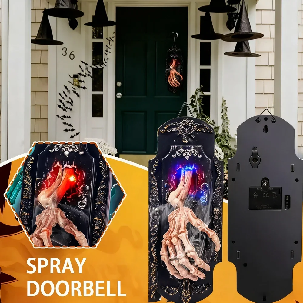

Дверной звонок для розыгрыша на Хэллоуин со спреем с активированным движением — звуковые эффекты со светящимся замком для установки дома с привидениями