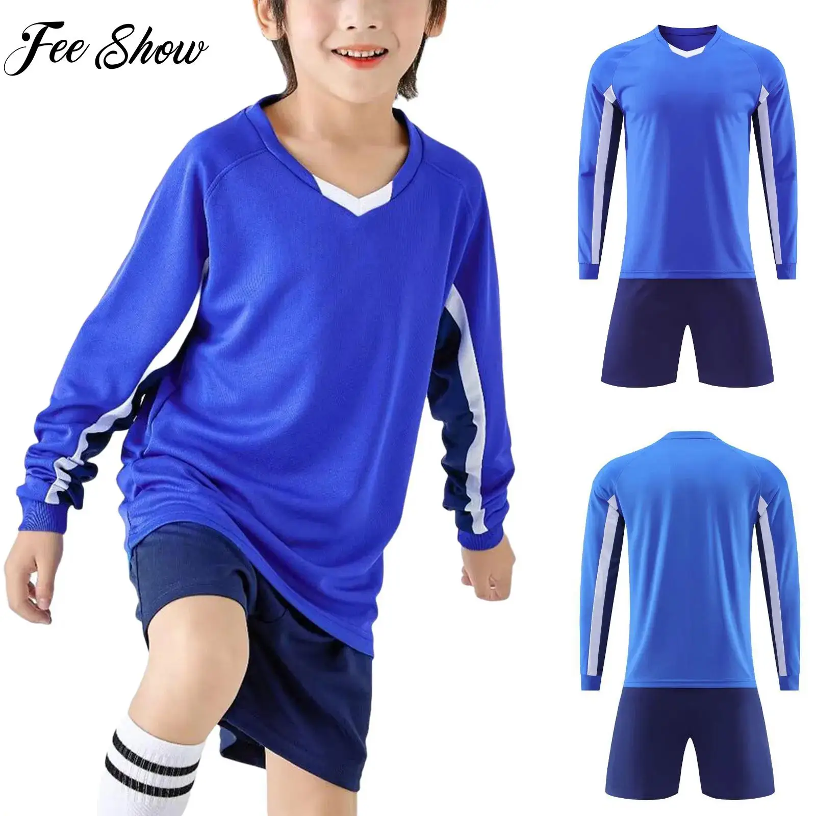 

Kids Boys Girls Breathable Football Training Outfit Soccer Uniform Long Sleeve Jersey Top+Shorts 2-piece Workout Sportswear Set