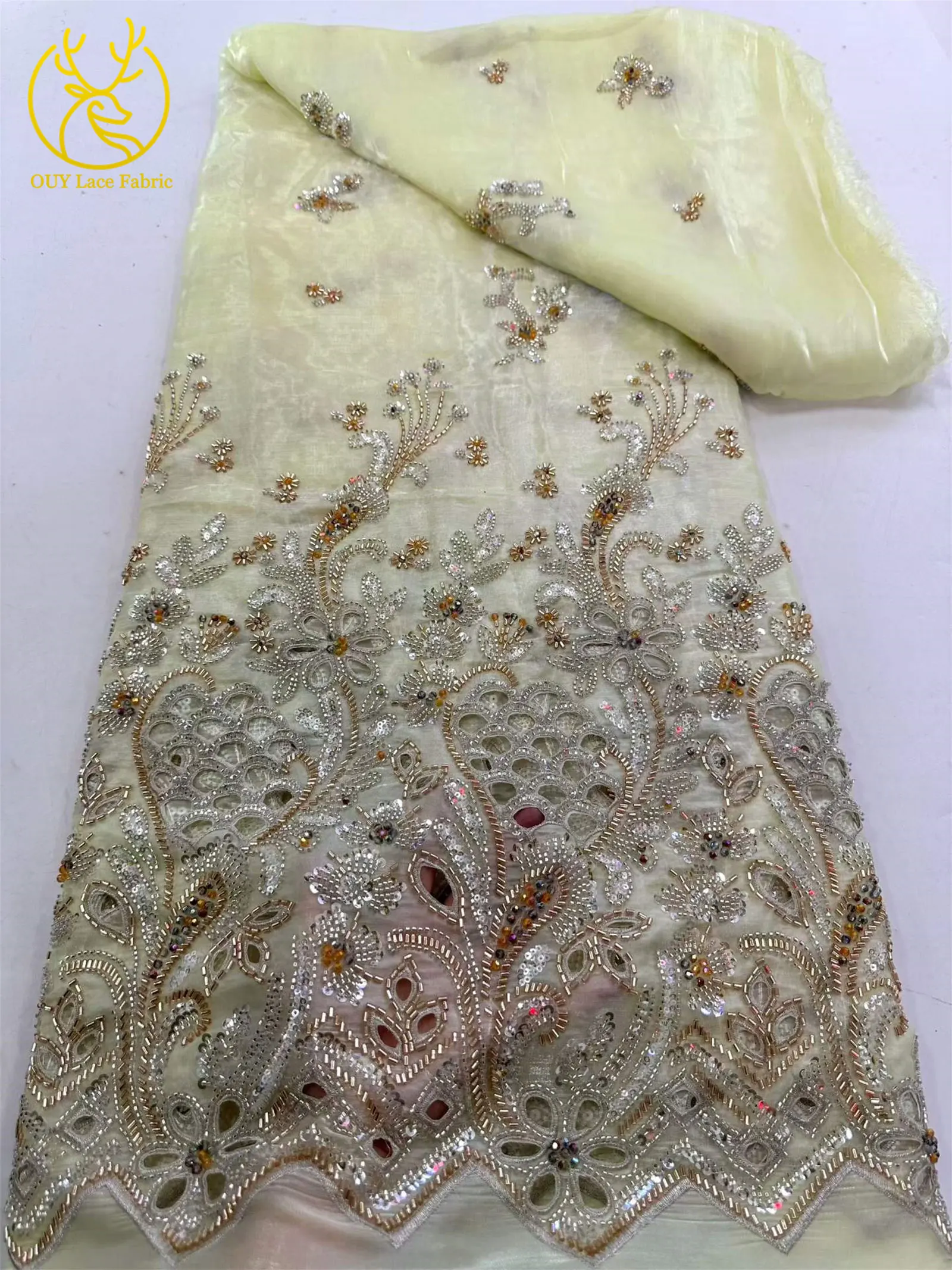 Neueste Afrikanische Schwer Verzierte Spitzenstoffe 5 Yards Nigerianische Schweizer Perlen-Pailletten-Spitze für Bräutigam-Kleider und Damenkleider zum Nähen – Detail 12