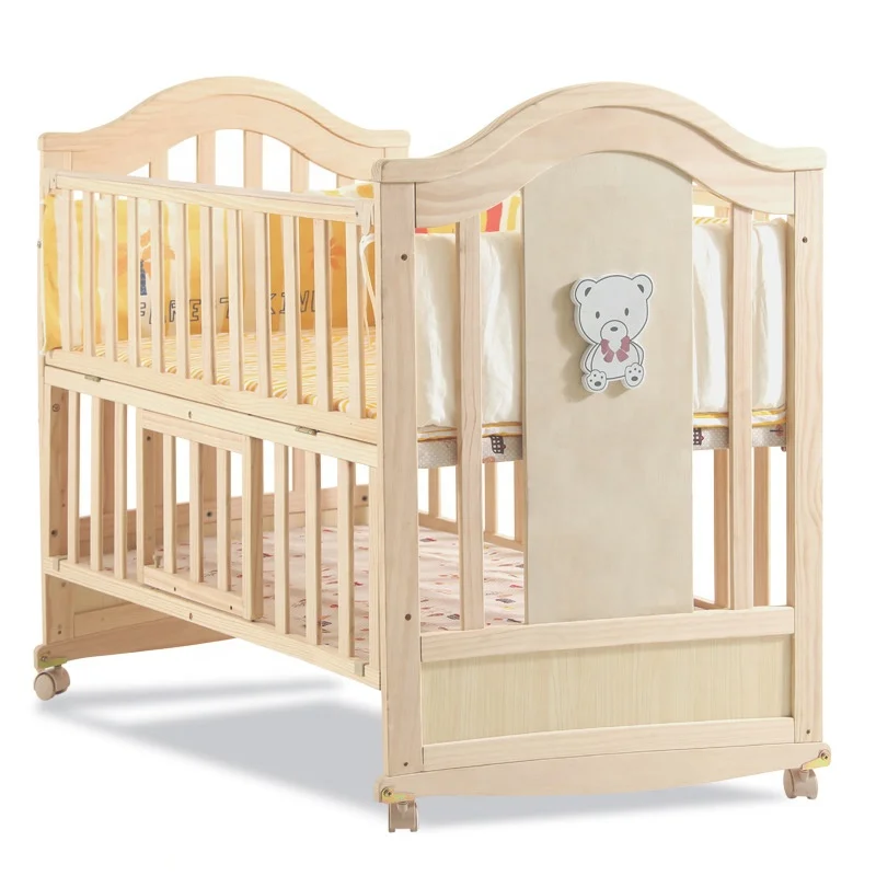 Cama de cuna con ruedas ajustables para bebés, mueble de dormitorio para niños, madera de pino Natural sin pintar, sólido, nuevo