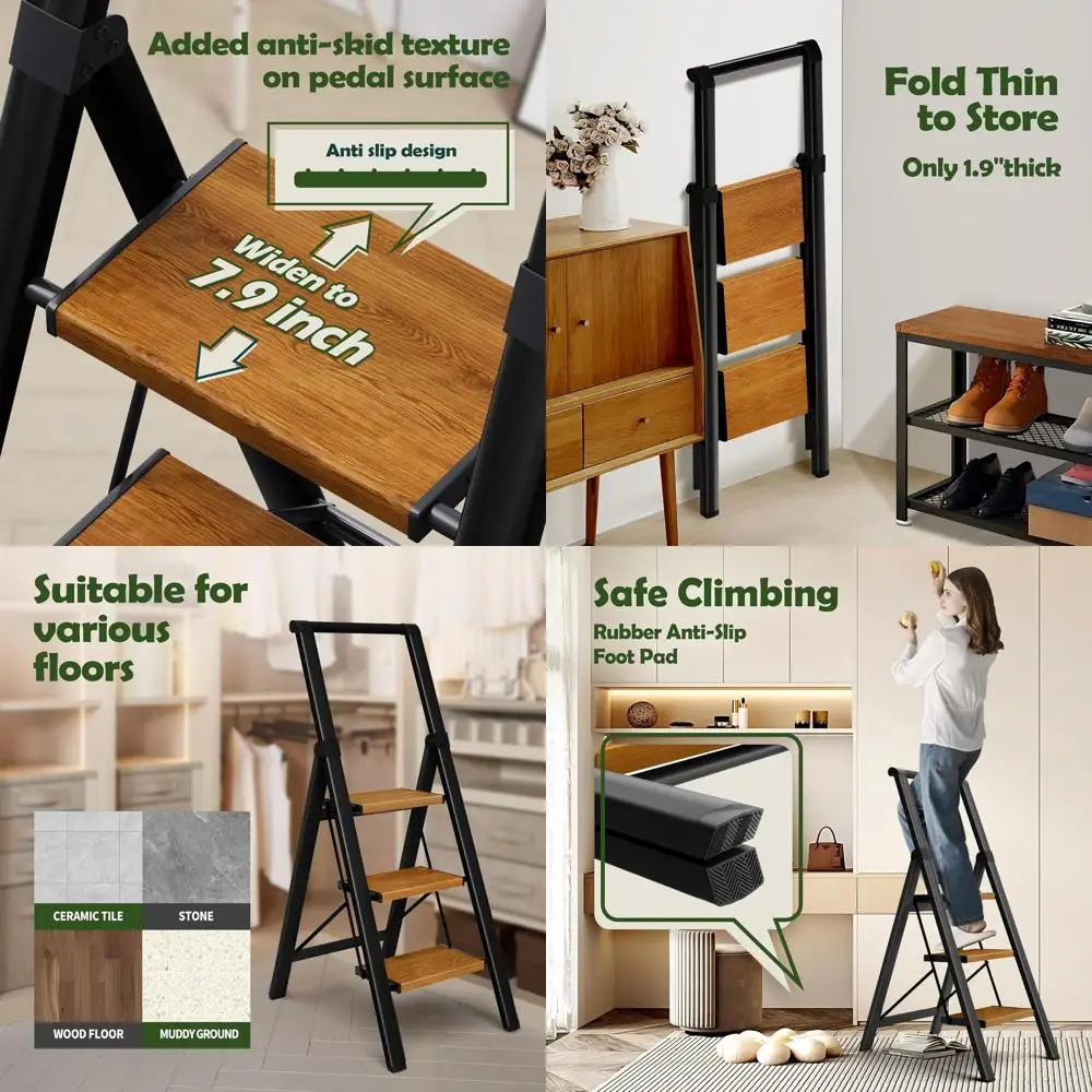 

Aluminum Folding Step Ladder with Wide Steps, Lightweight, 330 lbs Capacity, Portable for Home & Office - Black Woodgrain