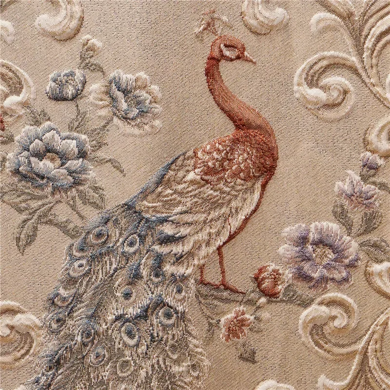 HQYQJJHYR Beige Luxury Peacock 3D Embossed Jacquard Full Blackout Bedroom Curtains Embroidered Voile Curtain for Living Room