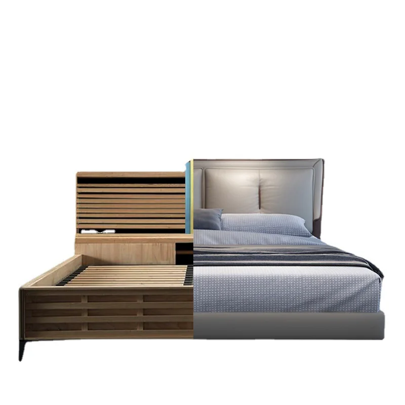 

Italian minimalist leather bed double master bedroom simple modern soft bag wedding bed high box storage light luxury leather