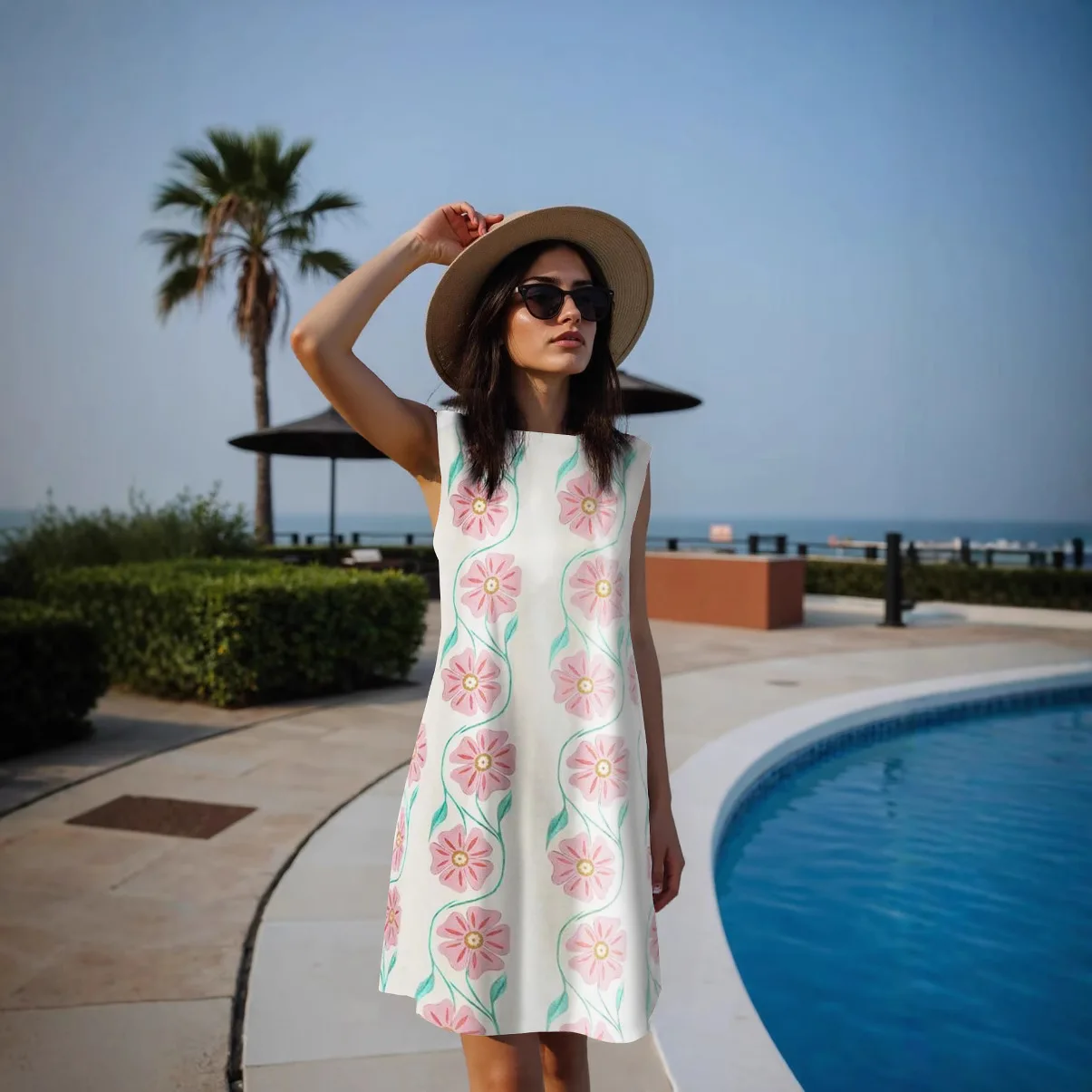 Casual Well-Fitted Printed Short Dress Women Summer Beach Elegant Lady's O Neck Short-Sleeved Thin Straight Knee-Length Dress