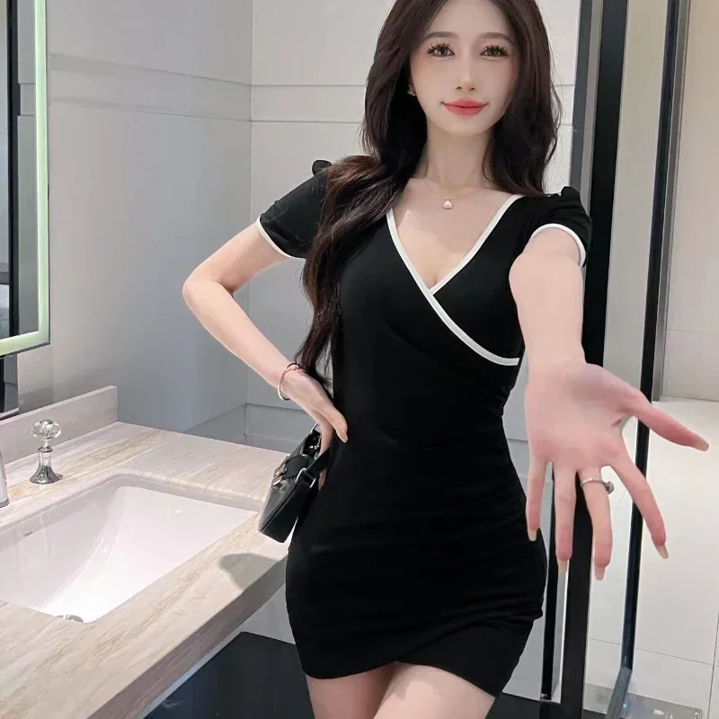 セクシーなドレスの女性ディープ V ネッククラブガールズチャーミングミニスキニー不規則なオフショルダーひだファッションパッチワーク魅惑的なユニークな