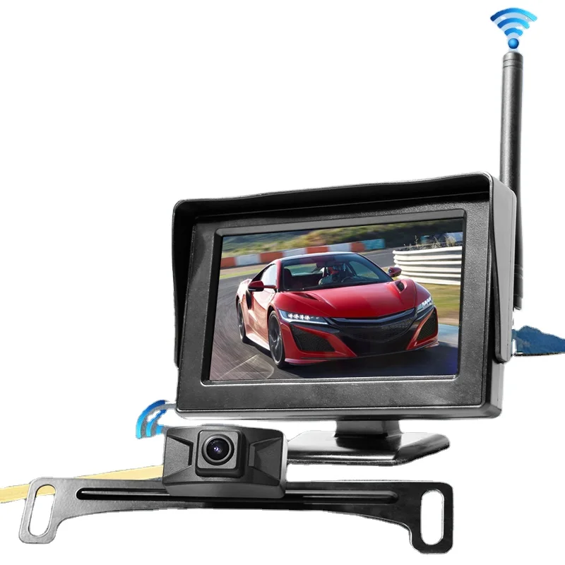 

1080P Rear View Backup Cam Night Vision Waterproof Parking Assistant 4.3 Inch Wireless License Plate Car Camera Monitor Kit