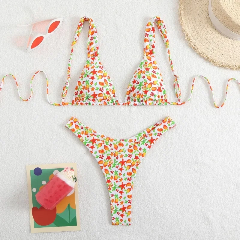 Women\'s Sexy Halter Bikini Sets  Floral Flower Print Bikini Swimsuits Tie Side Triangle Bathing Suits Swimwear