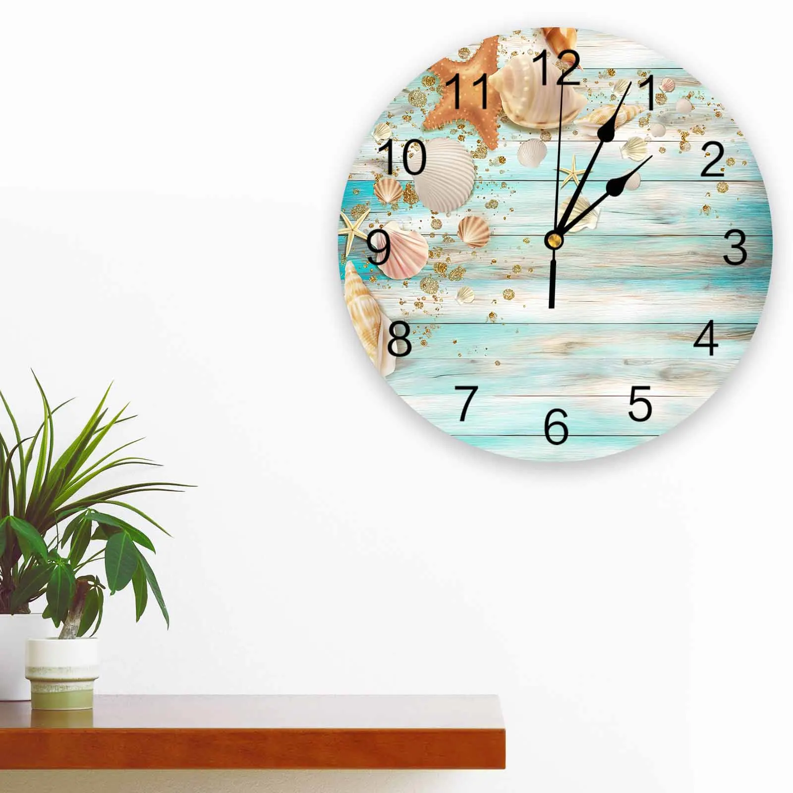 Shell Starfish Fences Summer Wooden Boards Printed Wall Clock Modern Silent Clock Living Room Home Decor Wall Hanging Watch