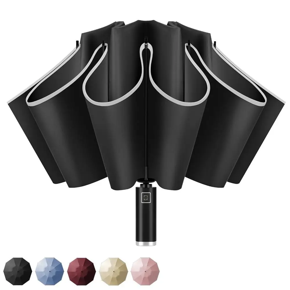 New Reflective Stripe Automatic Umbrella UPF50+ Vinyl Folding Umbrella 10 Bone Wind Resistance Three Fold Umbrella for Outdoor